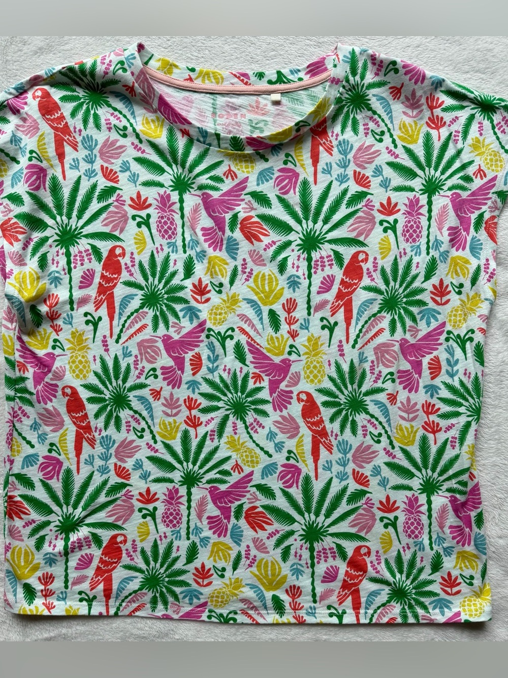 Boden White Tee with Green, Pink, Red & Yellow Tropical Print
